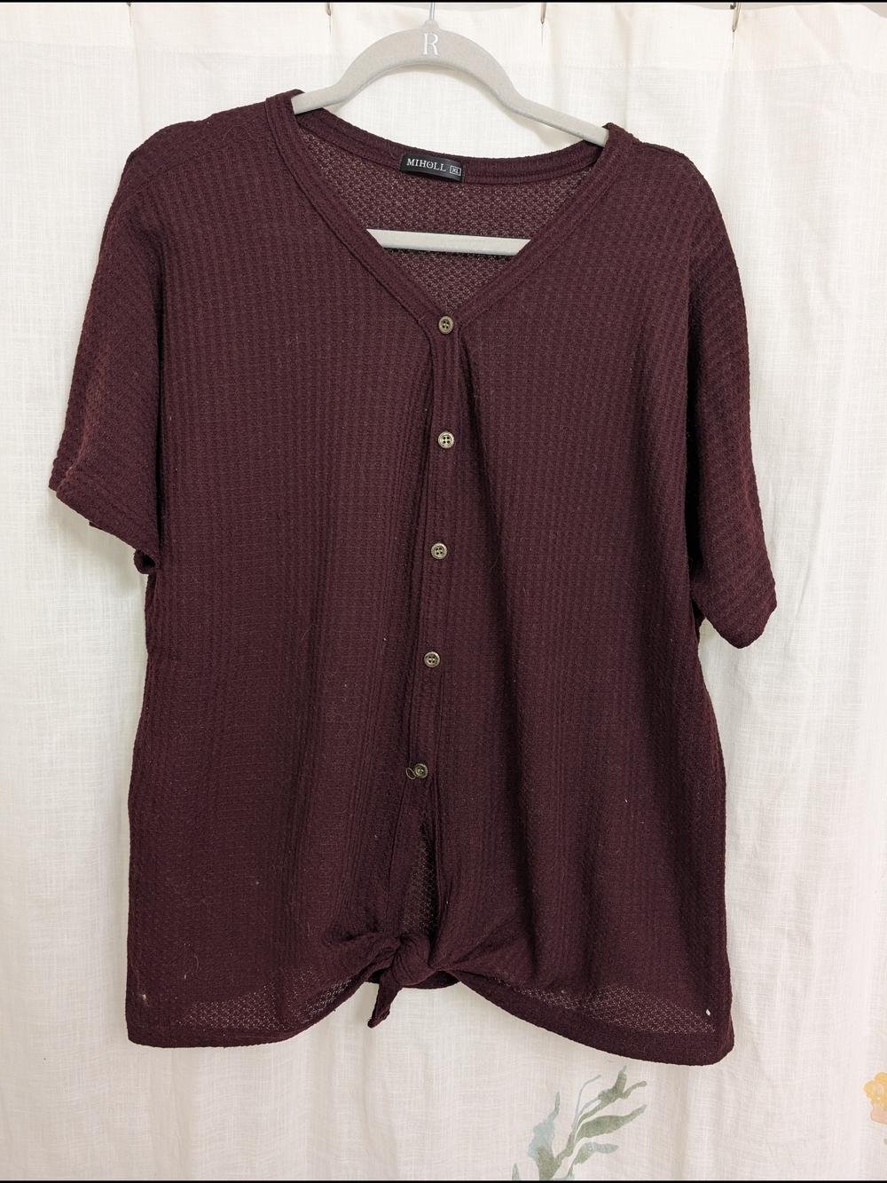 Miholl Burgundy Waffle Knit Button Front Top XL